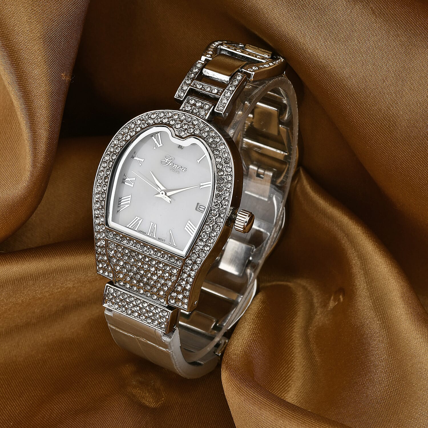 GENOA TIME V2 Seiko VJ32 with Date Japan Movement 3ATM Water Resistant White Crystal MOP Dial Watch with Silver Colour Leather & Alloy Strap